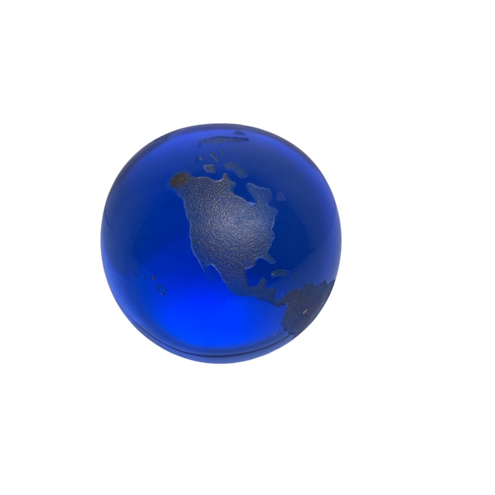 Cobalt Blue Art Glass Globe Paperweight‎ Frosted Gold Continents 3 Inch Sphere